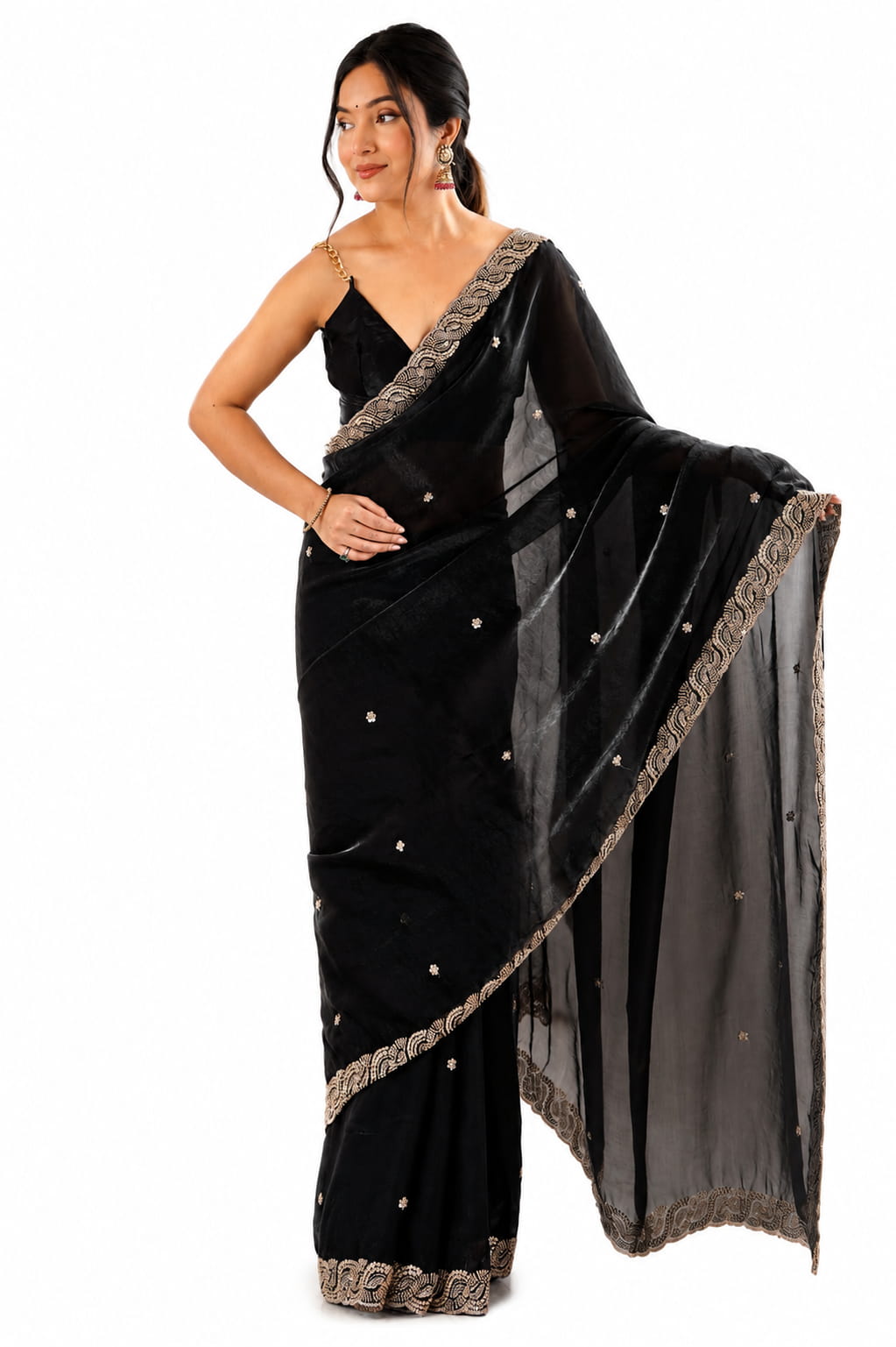 Classic Black Fendi Satin Beads Pearl Embroidery Saree - Front Full View