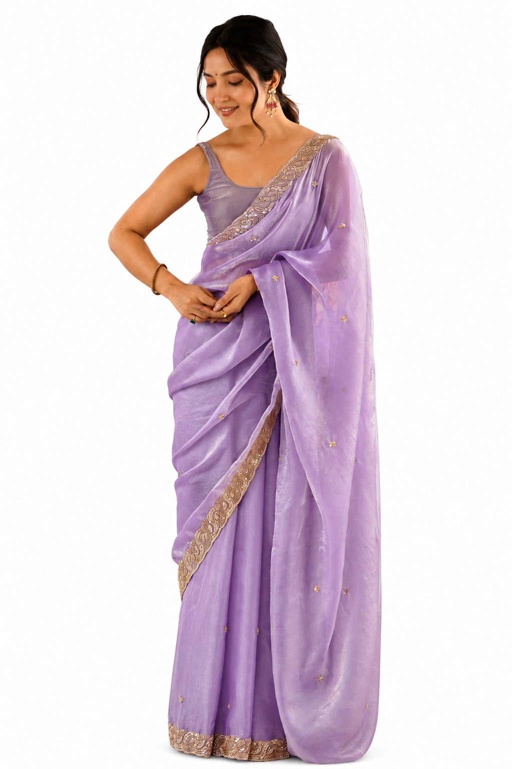 Lavender Fendi Satin Beads Pearl Embroidery Saree - Front Full View