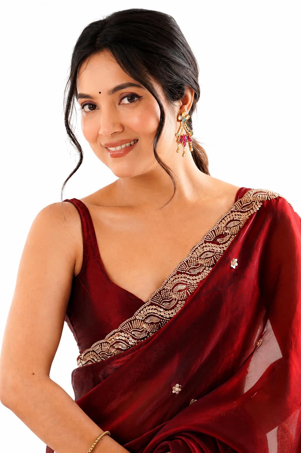 Wine Red Fendi Satin Beads Pearl Embroidery Saree - Pallu and Border Close-Up