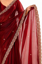 Wine Red Fendi Satin Beads Pearl Embroidery Saree - Drape and Blouse Details