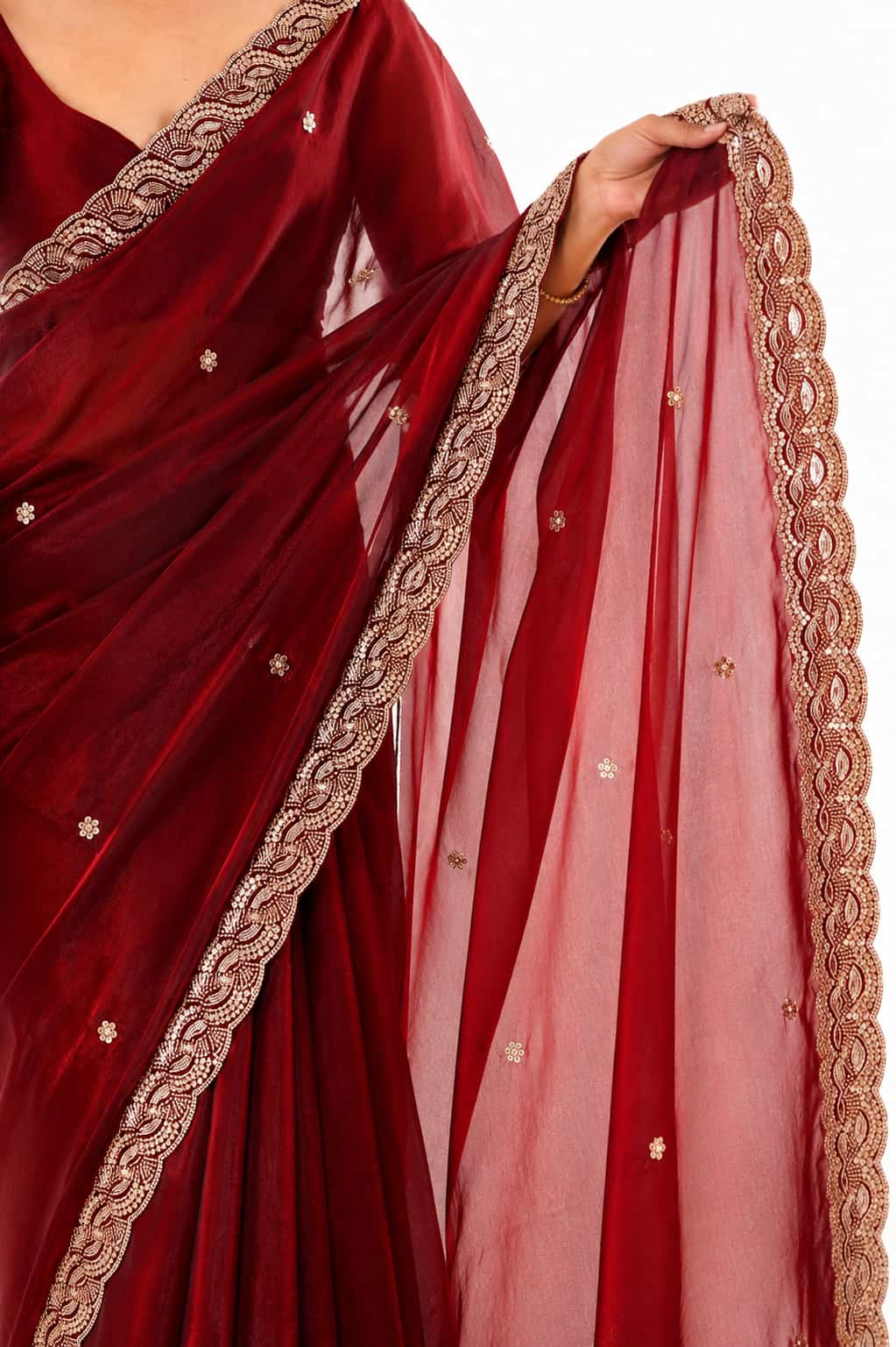 Wine Red Fendi Satin Beads Pearl Embroidery Saree - Drape and Blouse Details