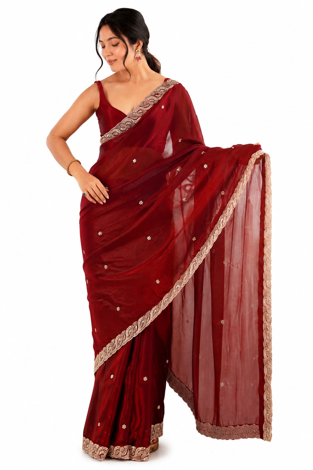 Wine Red Fendi Satin Beads Pearl Embroidery Saree - Front Full View