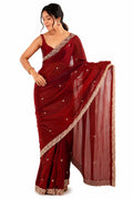 Wine Red Fendi Satin Beads Pearl Embroidery Saree