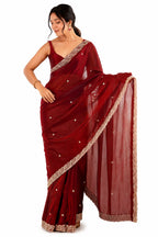 Wine Red Fendi Satin Beads Pearl Embroidery Saree - Front Full View