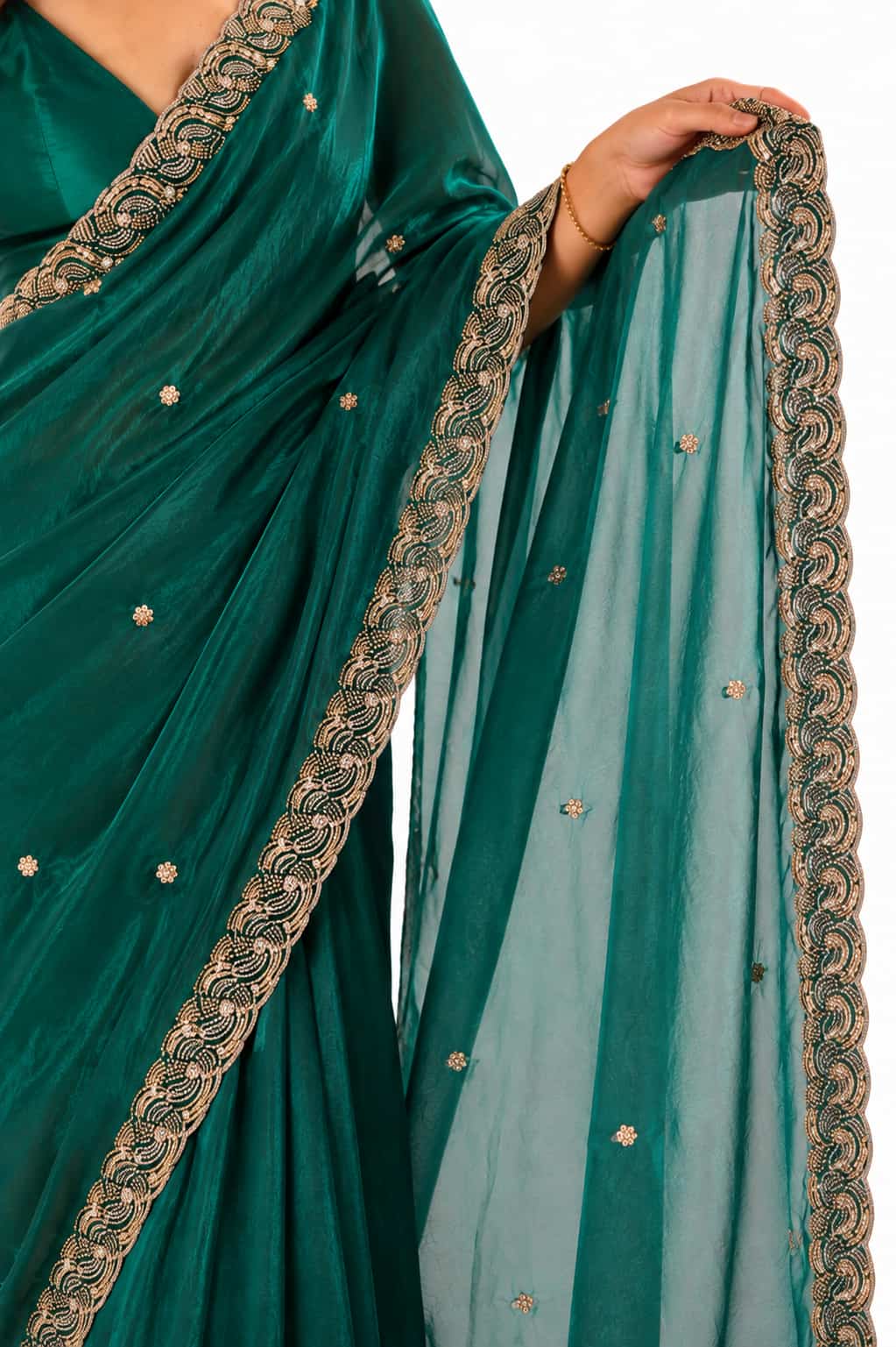 Peach Fendi Satin Beads Pearl Embroidery Saree