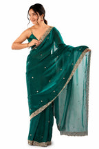 Peach Fendi Satin Beads Pearl Embroidery Saree