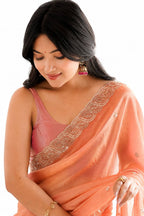 Peach Fendi Satin Beads Pearl Embroidery Saree