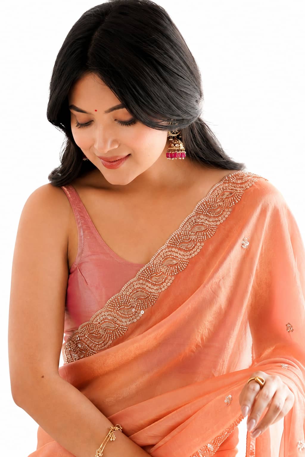 Peach Fendi Satin Beads Pearl Embroidery Saree