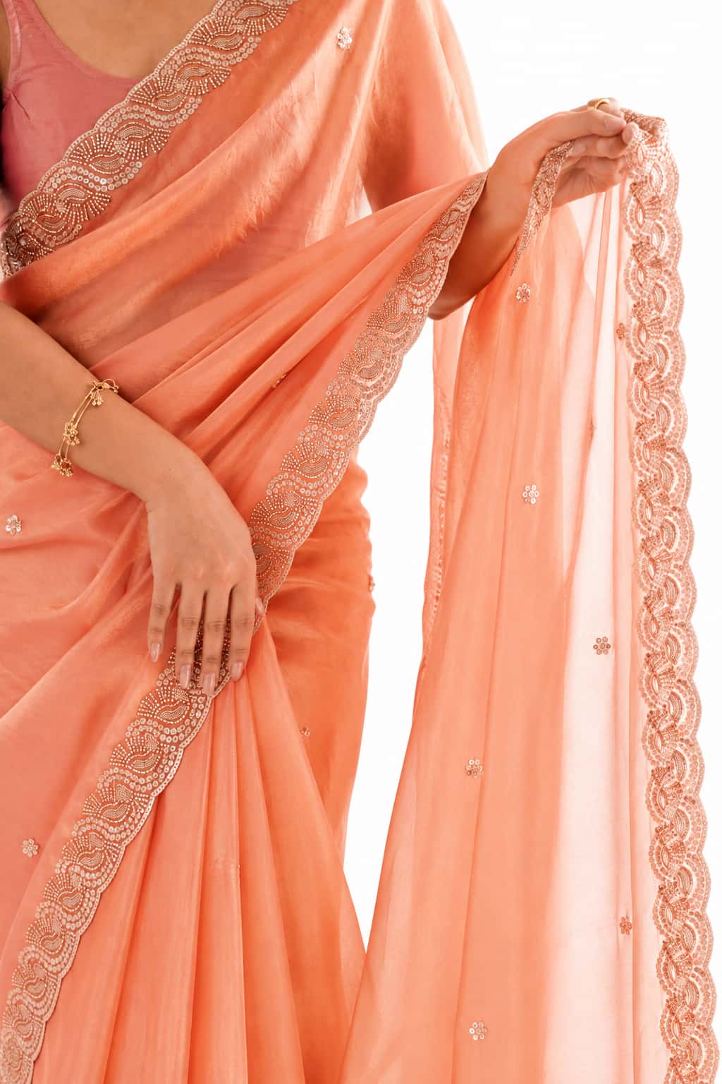 Peach Fendi Satin Beads Pearl Embroidery Saree