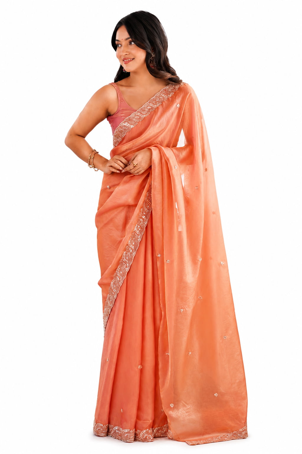 Peach Fendi Satin Beads Pearl Embroidery Saree
