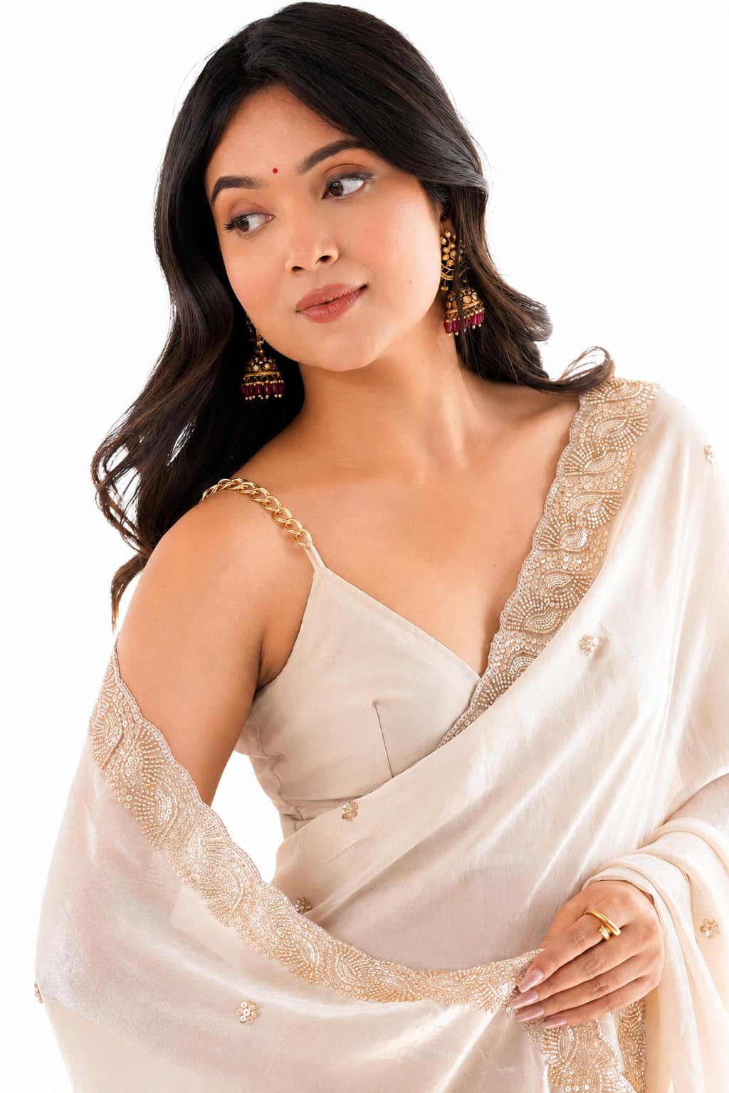 Cream Off White Fendi Satin Beads Pearl Embroidery Saree - Pallu and Border Close-Up