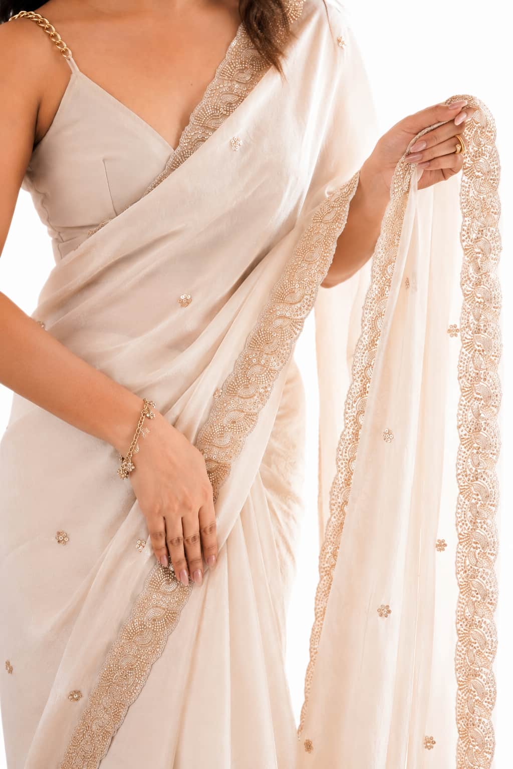Cream Off White Fendi Satin Beads Pearl Embroidery Saree - Drape and Blouse Details