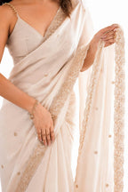 Cream Off White Fendi Satin Beads Pearl Embroidery Saree - Drape and Blouse Details
