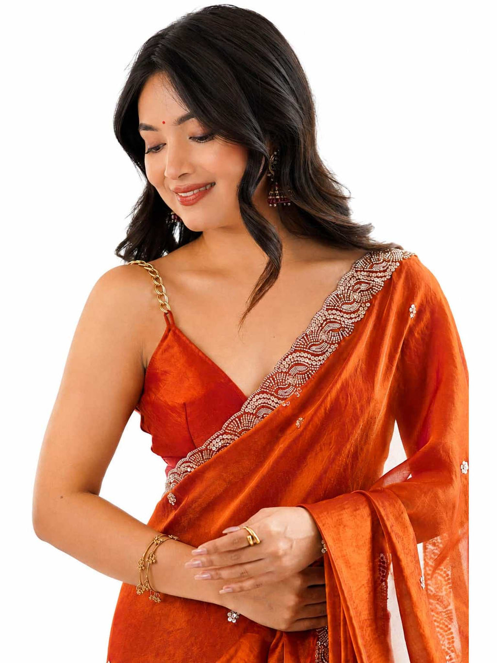Rust Orange Fendi Satin Beads Pearl Embroidery Saree - Pallu and Border Close-Up