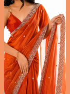 Rust Orange Fendi Satin Beads Pearl Embroidery Saree - Drape and Blouse Details