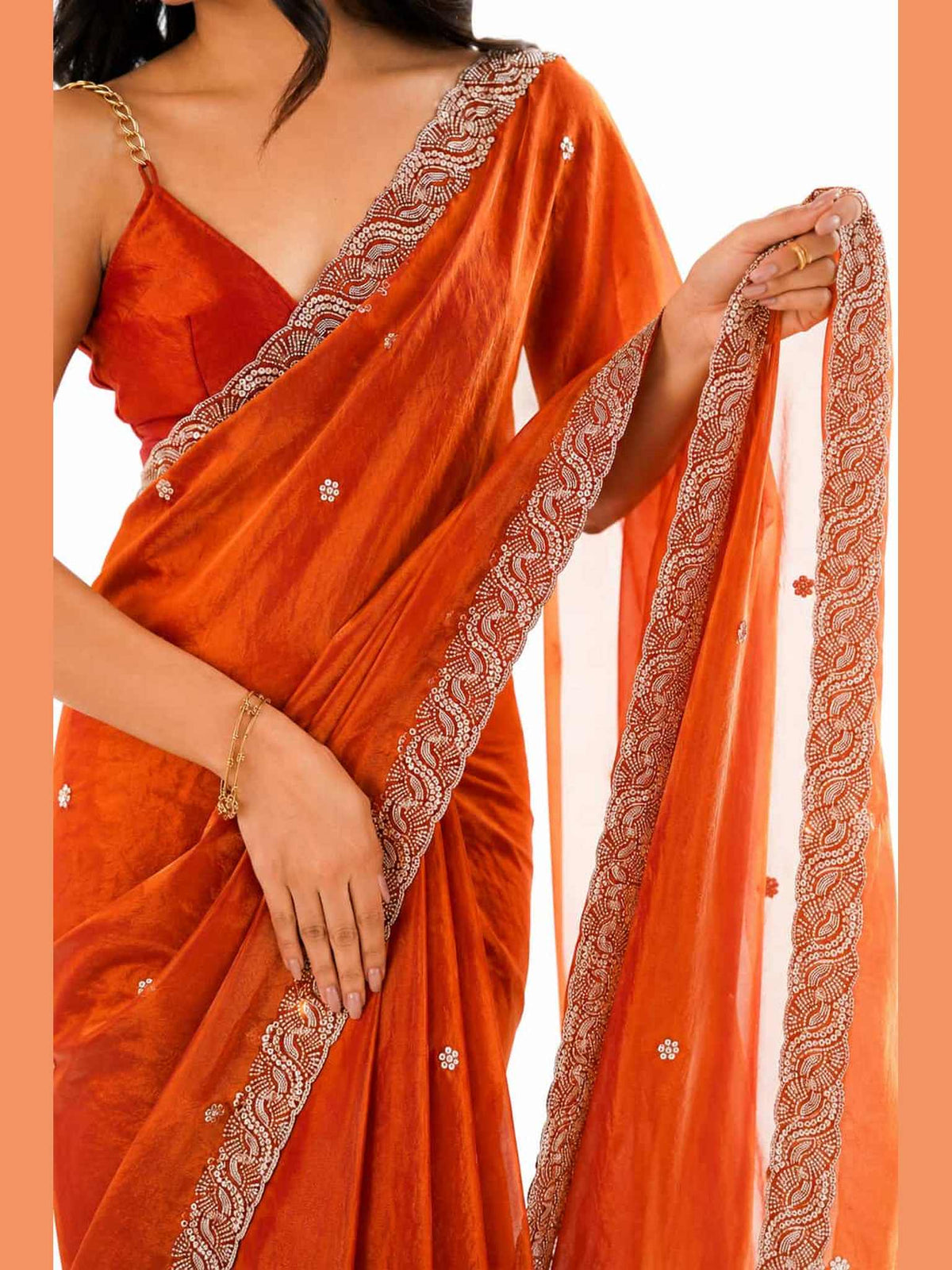 Rust Orange Fendi Satin Beads Pearl Embroidery Saree - Drape and Blouse Details