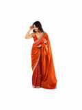 Rust Orange Fendi Satin Beads Pearl Embroidery Saree