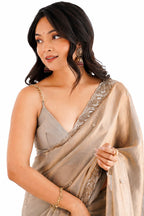 Metallic Grey Fendi Satin Beads Pearl Embroidery Saree - Pallu and Border Close-Up