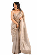 Metallic Grey Fendi Satin Beads Pearl Embroidery Saree