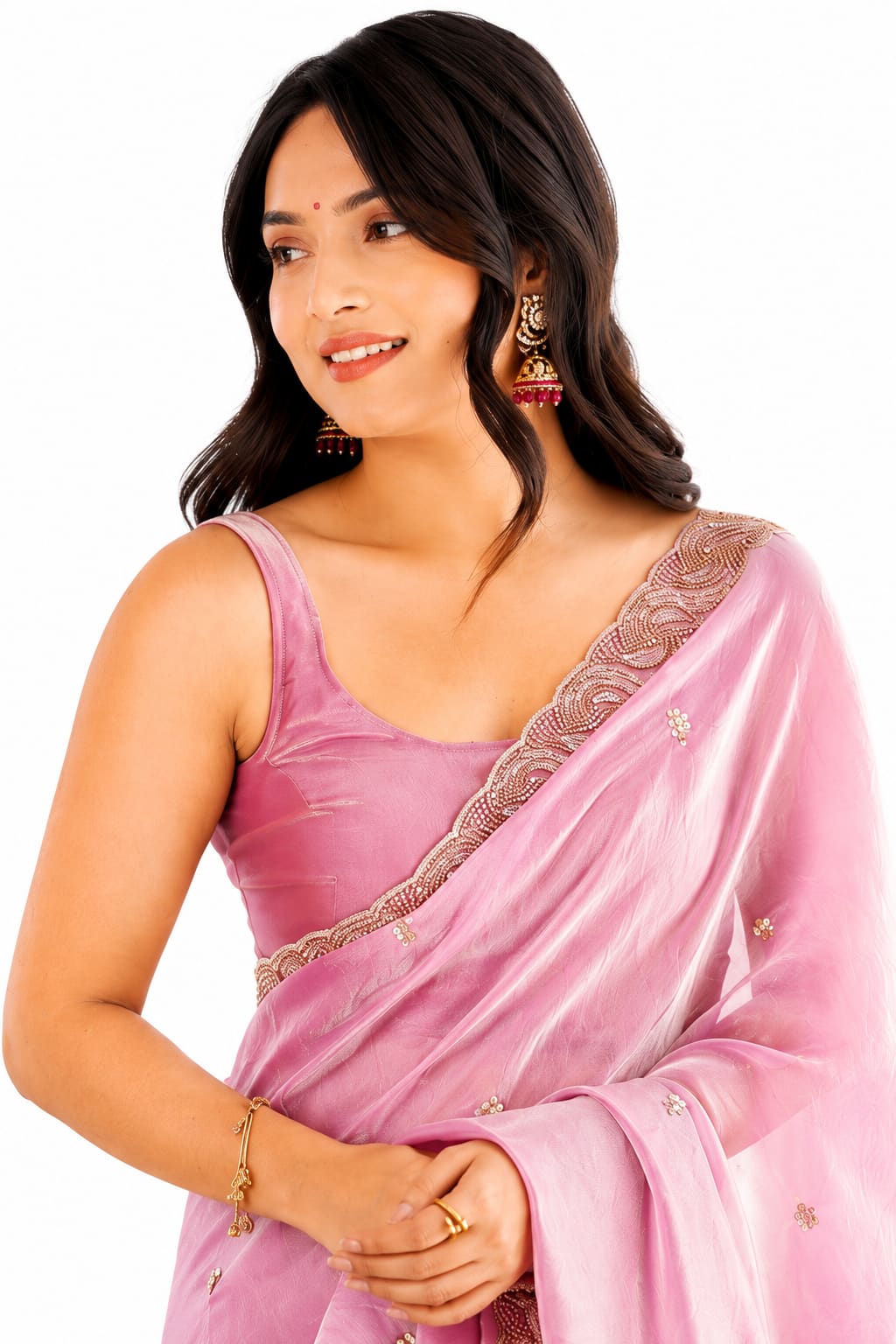 Soft Lilac Pink Fendi Satin Beads Pearl Embroidery Saree - Pallu and Border Close-Up