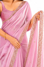 Soft Lilac Pink Fendi Satin Beads Pearl Embroidery Saree - Drape and Blouse Details