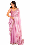 Soft Lilac Pink Fendi Satin Beads Pearl Embroidery Saree