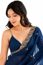 Midnight Navy Blue Fendi Satin Beads Pearl Embroidery Saree - Pallu and Border Close-Up