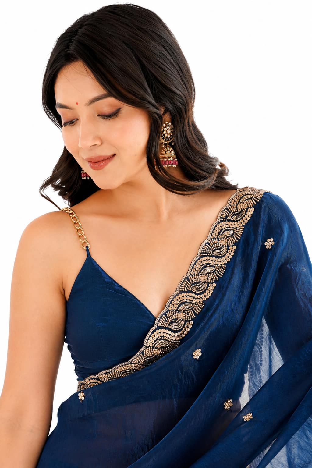 Midnight Navy Blue Fendi Satin Beads Pearl Embroidery Saree - Pallu and Border Close-Up
