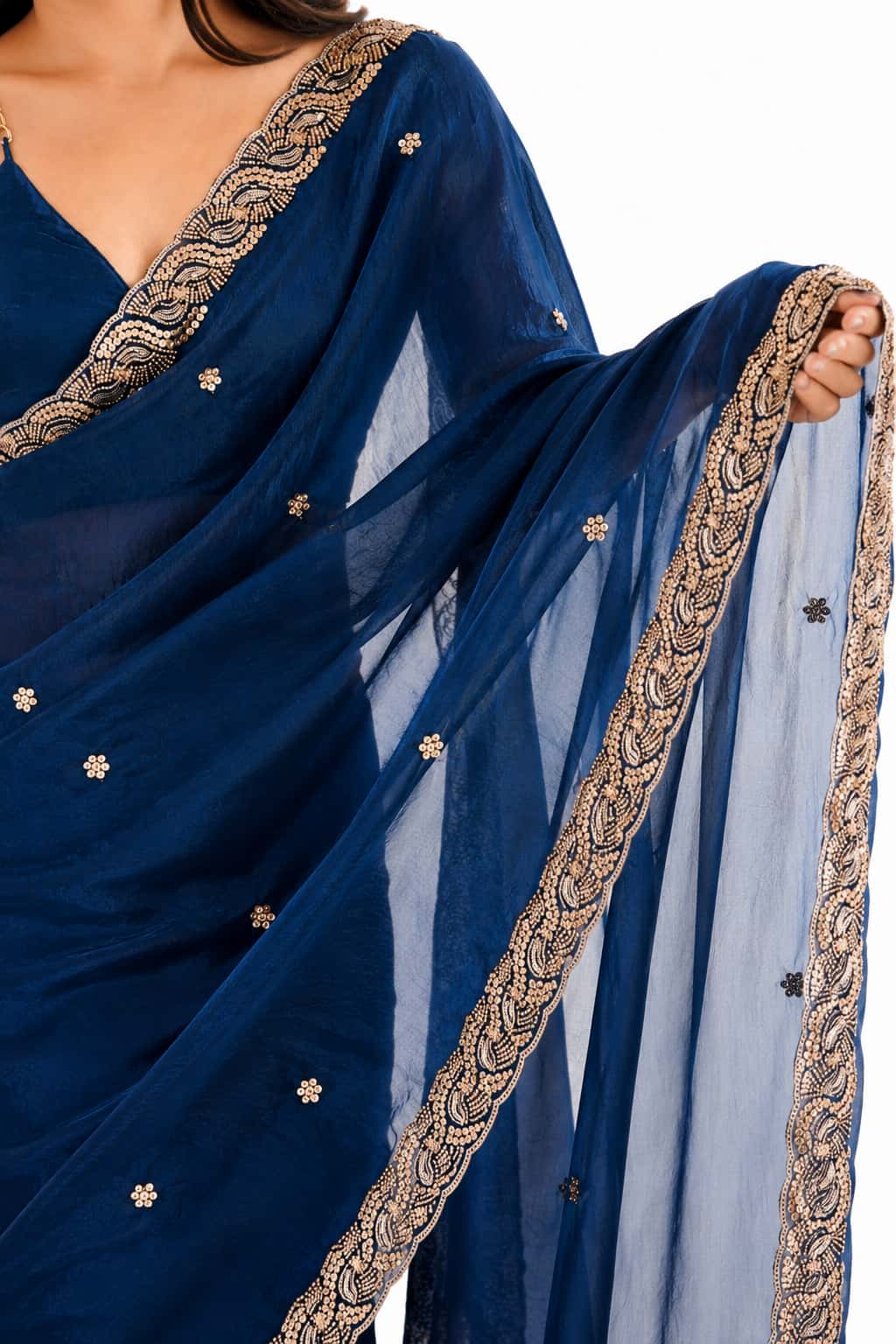 Midnight Navy Blue Fendi Satin Beads Pearl Embroidery Saree - Drape and Blouse Details