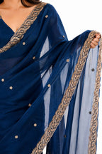 Midnight Navy Blue Fendi Satin Beads Pearl Embroidery Saree - Drape and Blouse Details