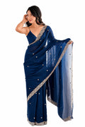 Midnight Navy Blue Fendi Satin Beads Pearl Embroidery Saree