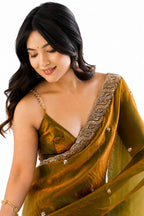 Olive Green Fendi Satin Beads Pearl Embroidery Saree - Pallu and Border Close-Up