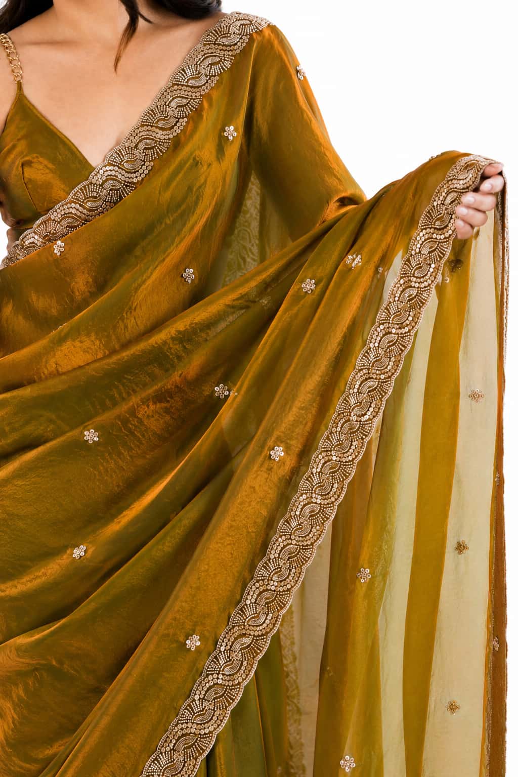 Olive Green Fendi Satin Beads Pearl Embroidery Saree - Drape and Blouse Details