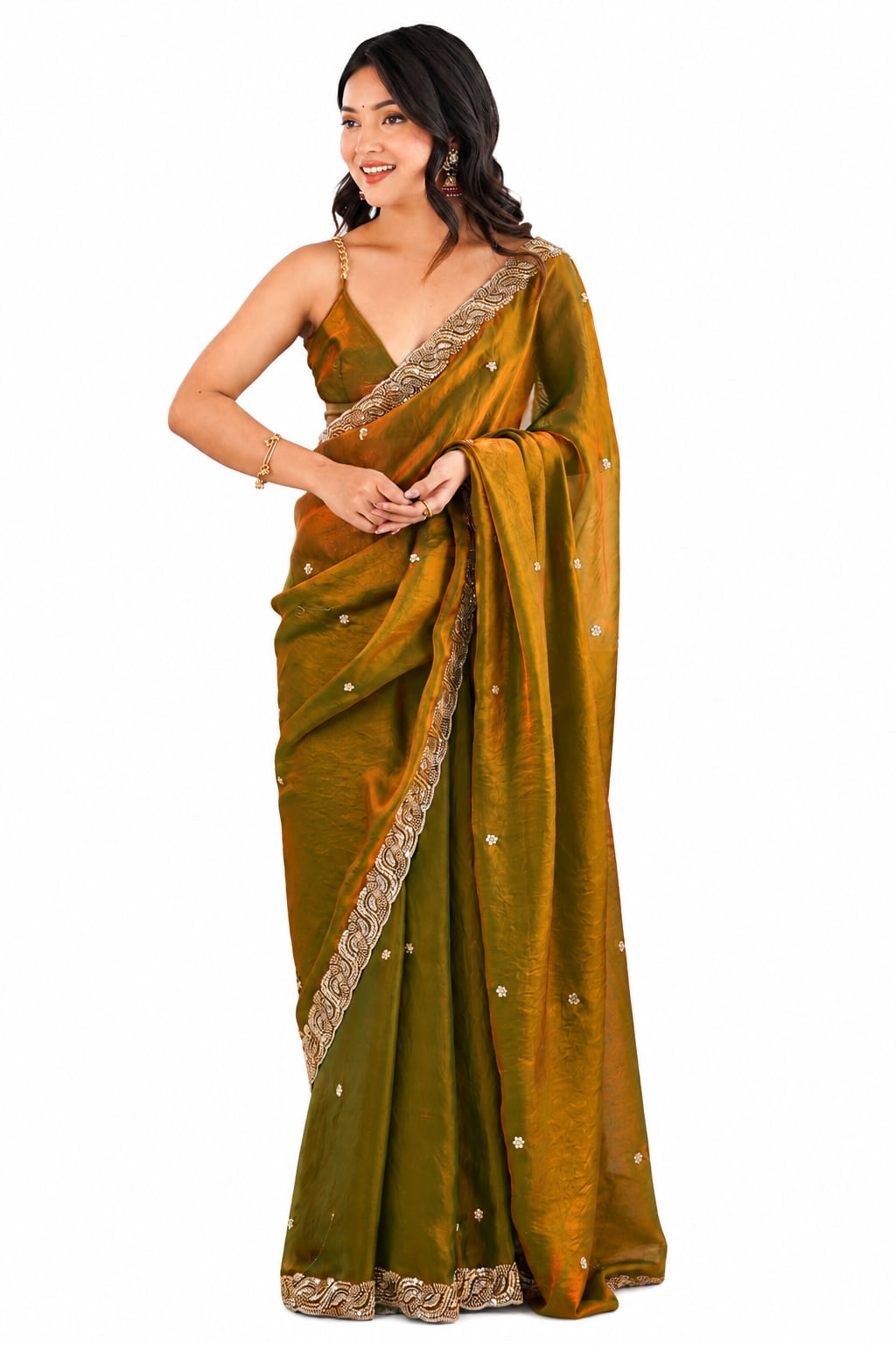 Olive Green Fendi Satin Beads Pearl Embroidery Saree - Front Full View
