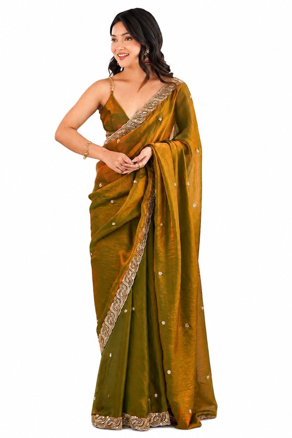 Olive Green Fendi Satin Beads Pearl Embroidery Saree - Front Full View