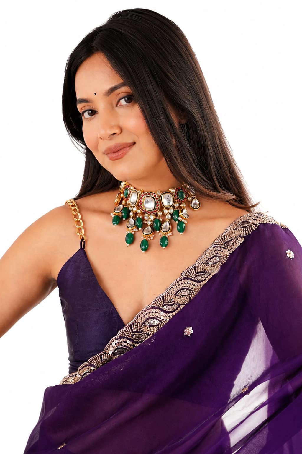 Deep Purple Fendi Satin Beads Pearl Embroidery Saree - Pallu and Border Close-Up