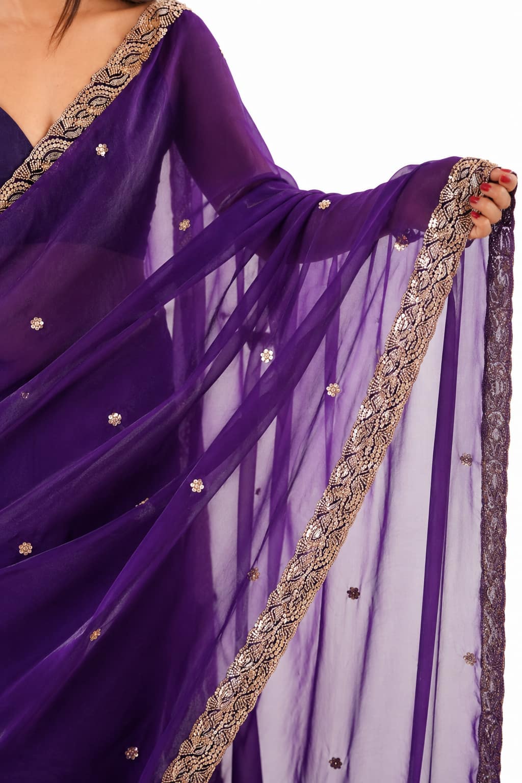 Deep Purple Fendi Satin Beads Pearl Embroidery Saree - Drape and Blouse Details