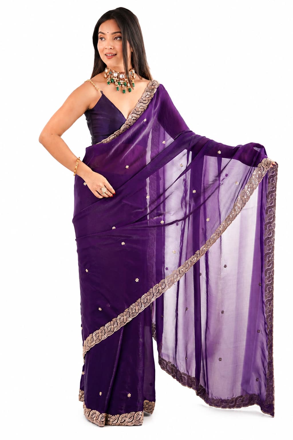 Deep Purple Fendi Satin Beads Pearl Embroidery Saree - Front Full View
