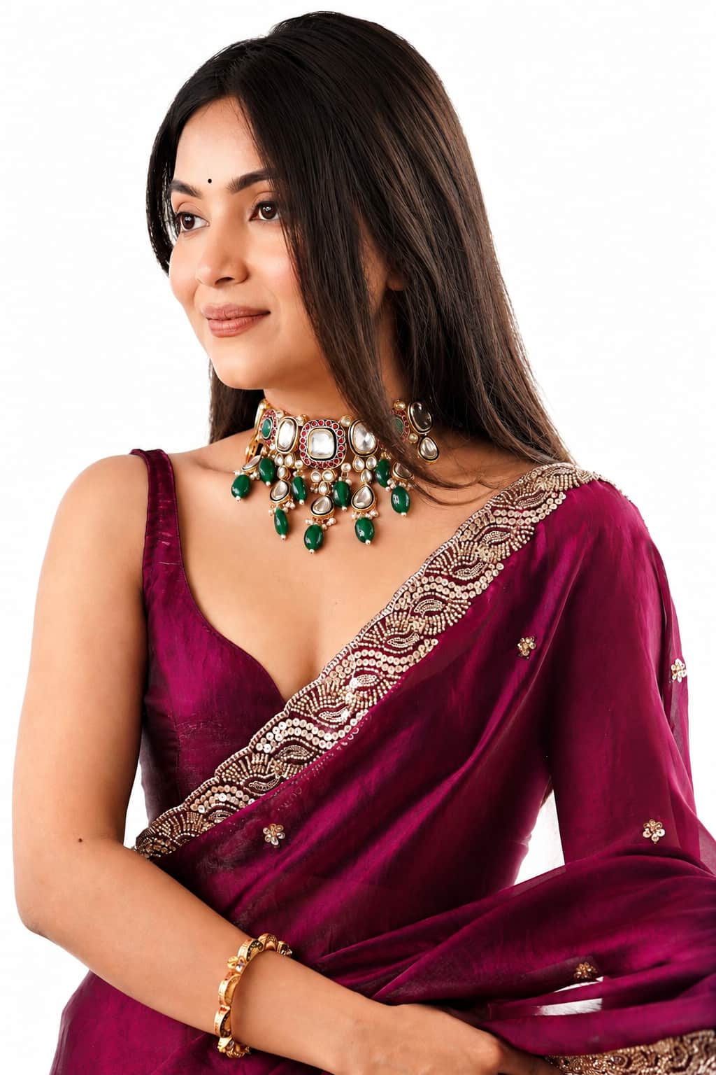 Magenta Plum Fendi Satin Beads Pearl Embroidery Saree - Pallu and Border Close-Up