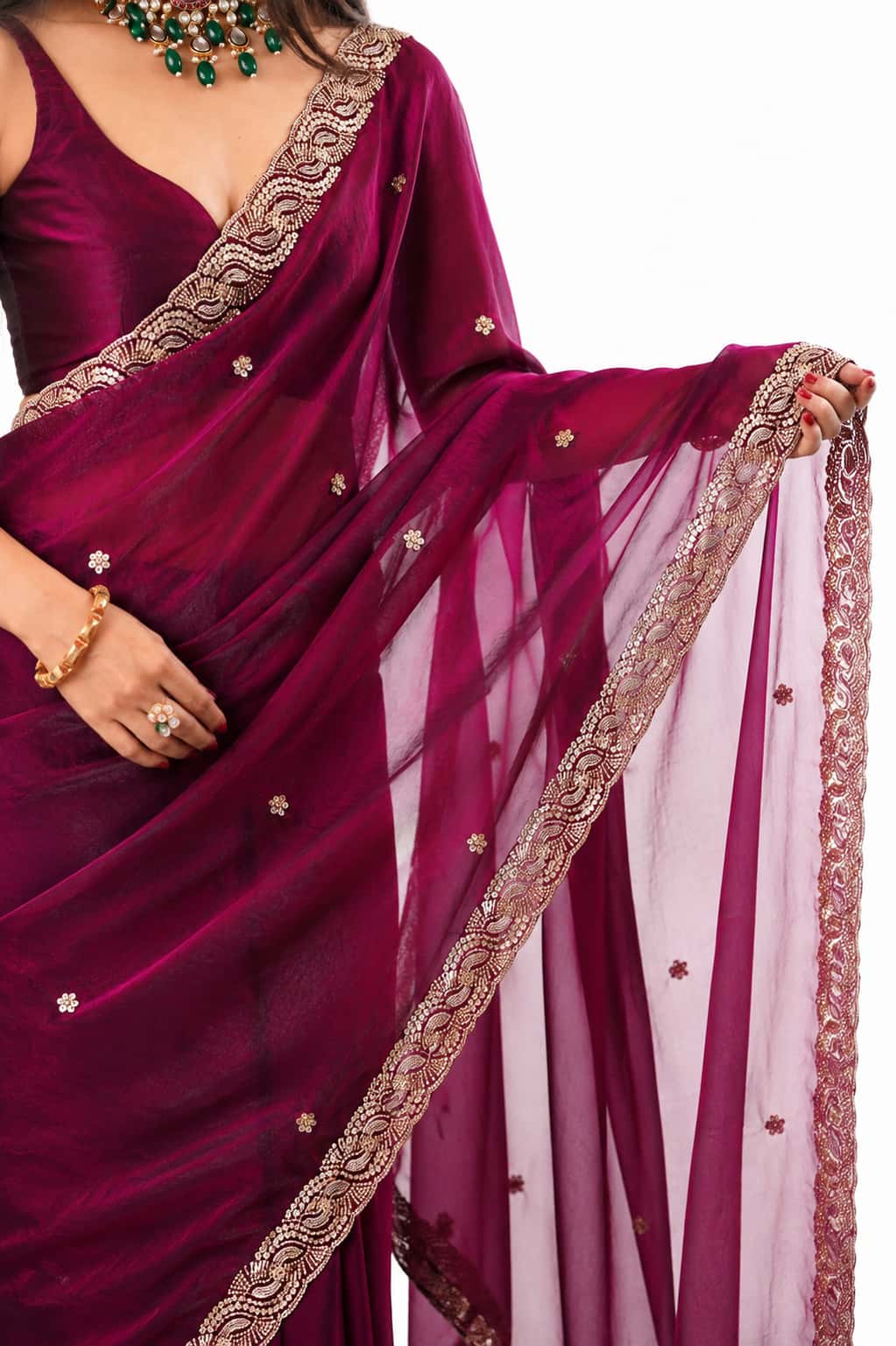 Magenta Plum Fendi Satin Beads Pearl Embroidery Saree - Drape and Blouse Details
