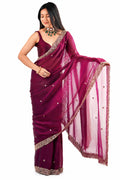 Magenta Plum Fendi Satin Beads Pearl Embroidery Saree