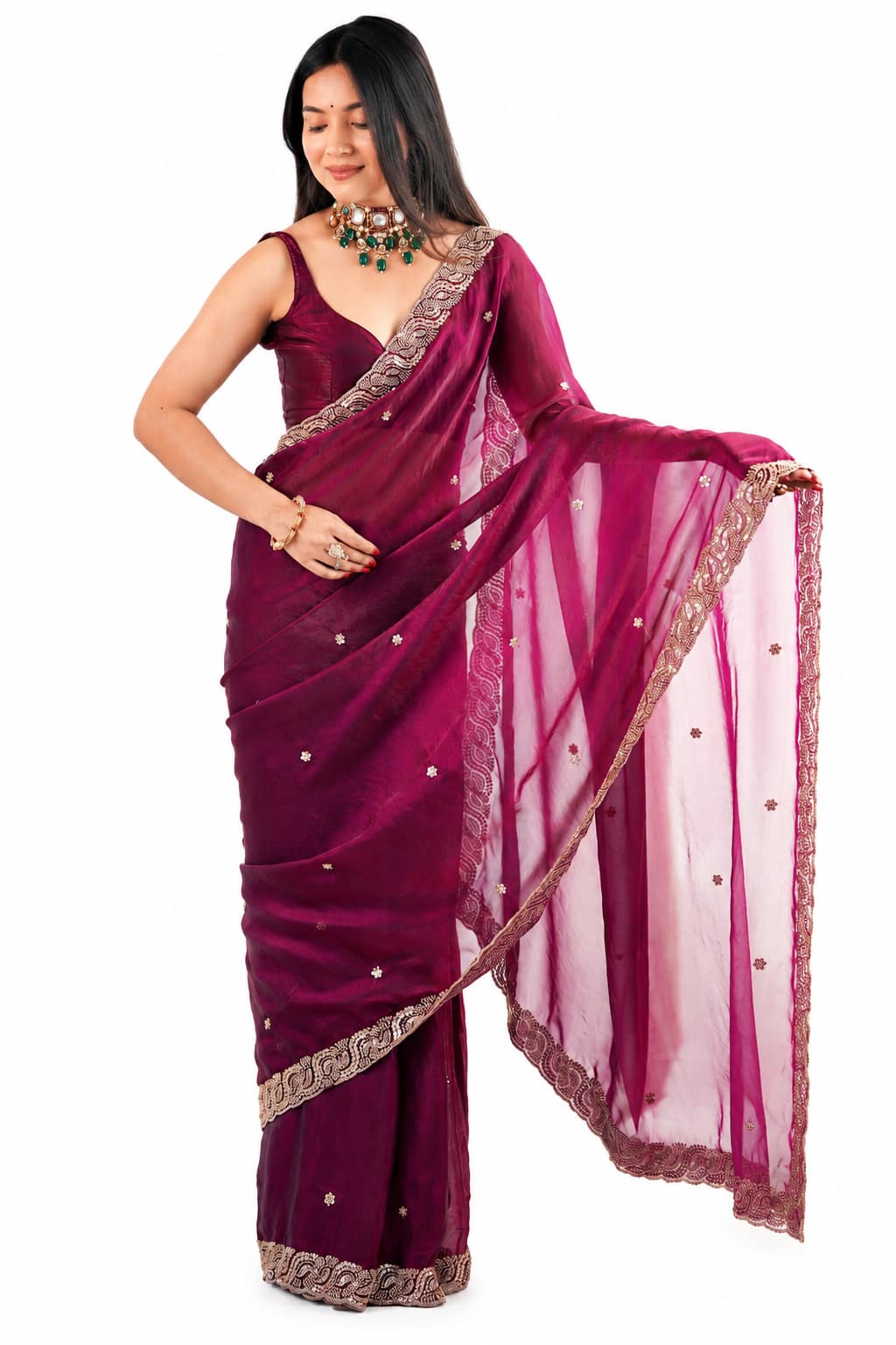 Magenta Plum Fendi Satin Beads Pearl Embroidery Saree - Front Full View