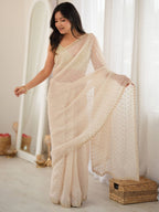 Off White Beige Moss Butti Saree with Embroidery Work - Front View