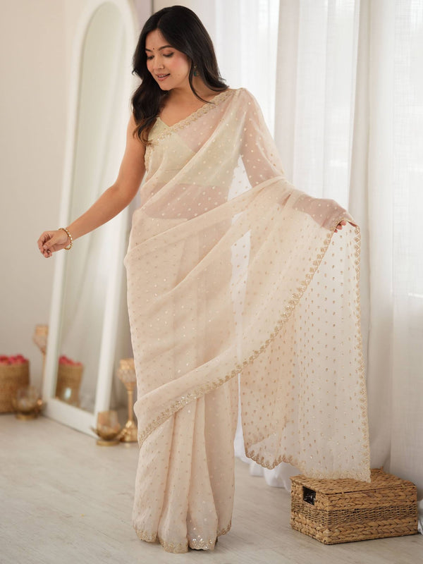 Off White Beige Moss Butti Saree with Embroidery Work - Front View