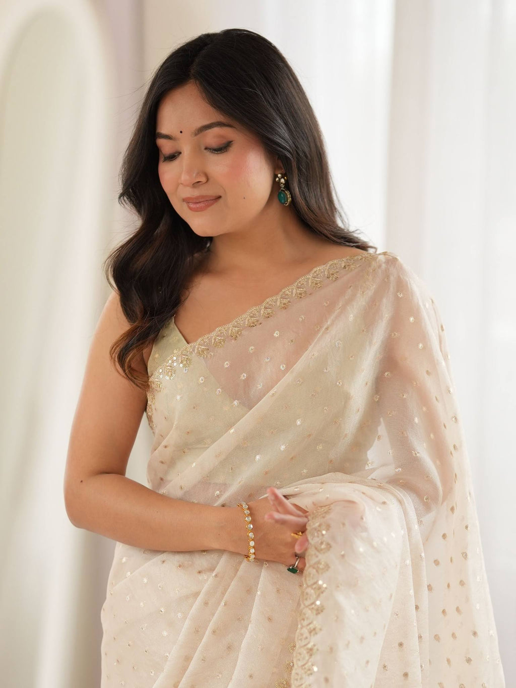 Off White Beige Moss Butti Saree with Embroidery Work - Detail View 2