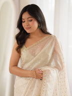 Off White Beige Moss Butti Saree with Embroidery Work - Detail View 2