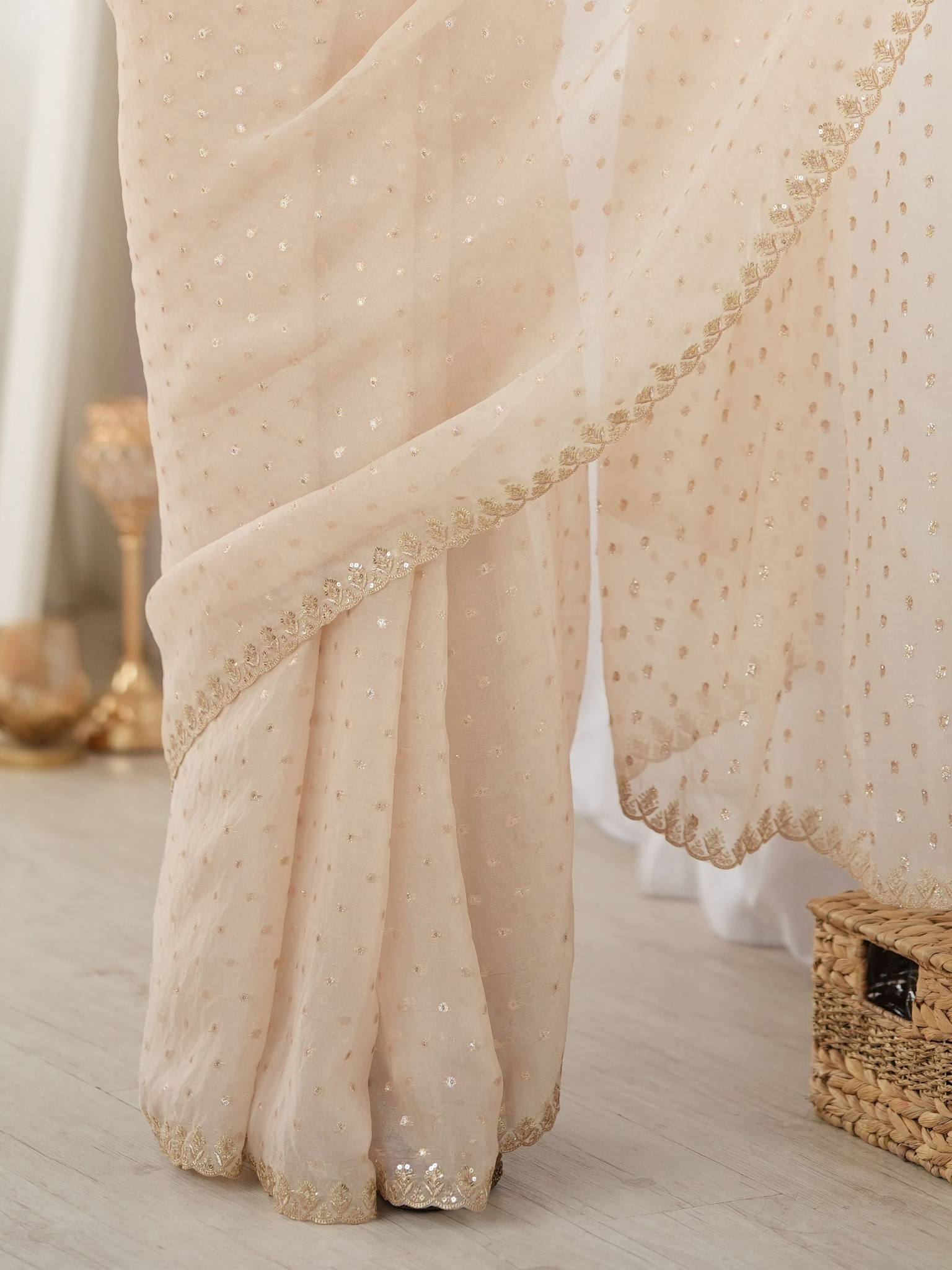 Off White Beige Moss Butti Saree with Embroidery Work - Detail View 3