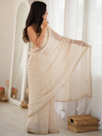 Off White Beige Moss Butti Saree with Embroidery Work - Detail View 4