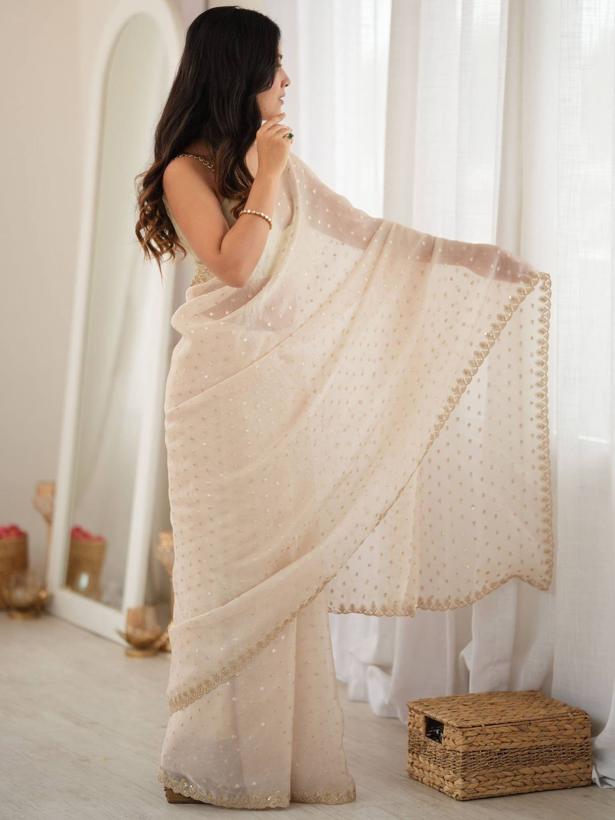 Off White Beige Moss Butti Saree with Embroidery Work - Detail View 4