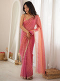 Rose Coral Pink Moss Butti Saree with Embroidery Work